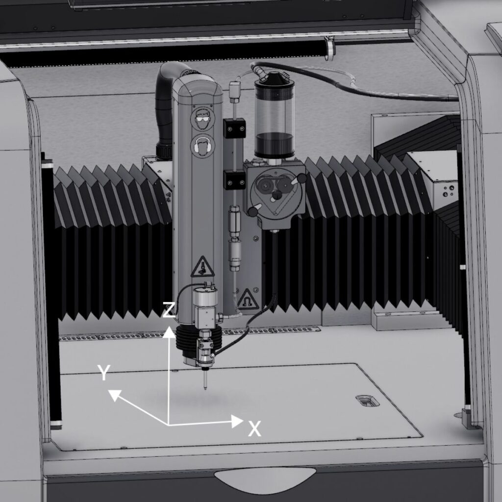 Image of Finepart 3 Axis cutting capabilities. X-axis: horizontal left or right, Y-axis: horizontal forward or backward, Z-axis: vertical up or down